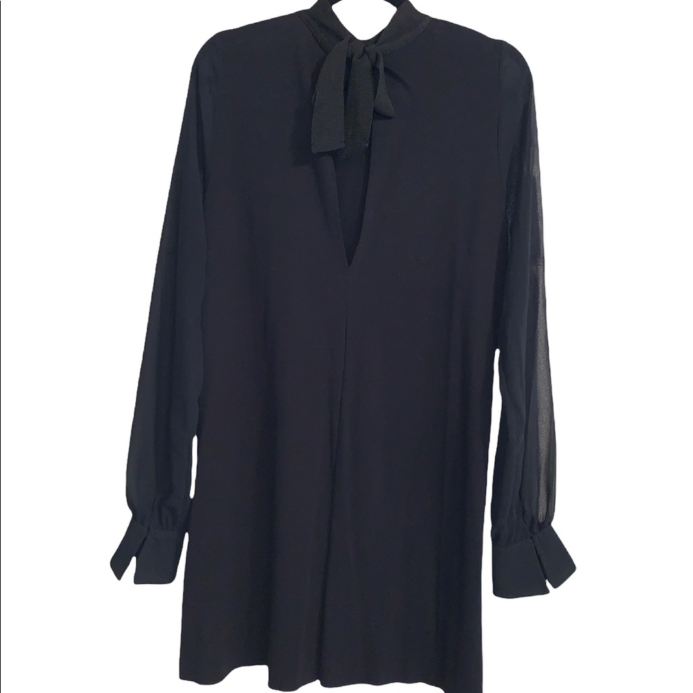 ZARA Women’s Black Cotton Dress w/ Sheer Long Sleeves and Bow Collar Siz…